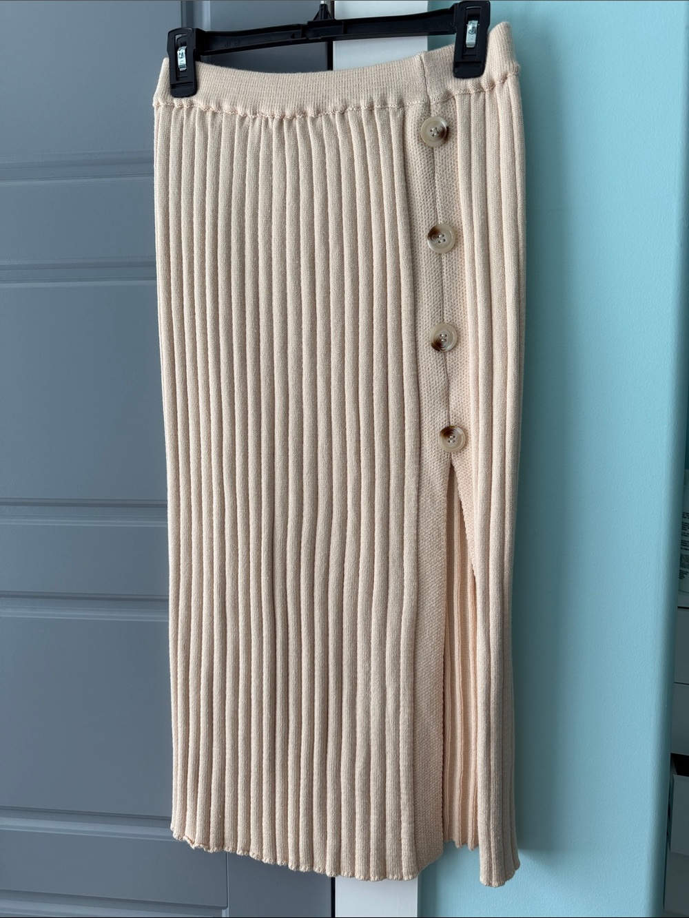 Beige Ribbed Button Detail Midi Skirt